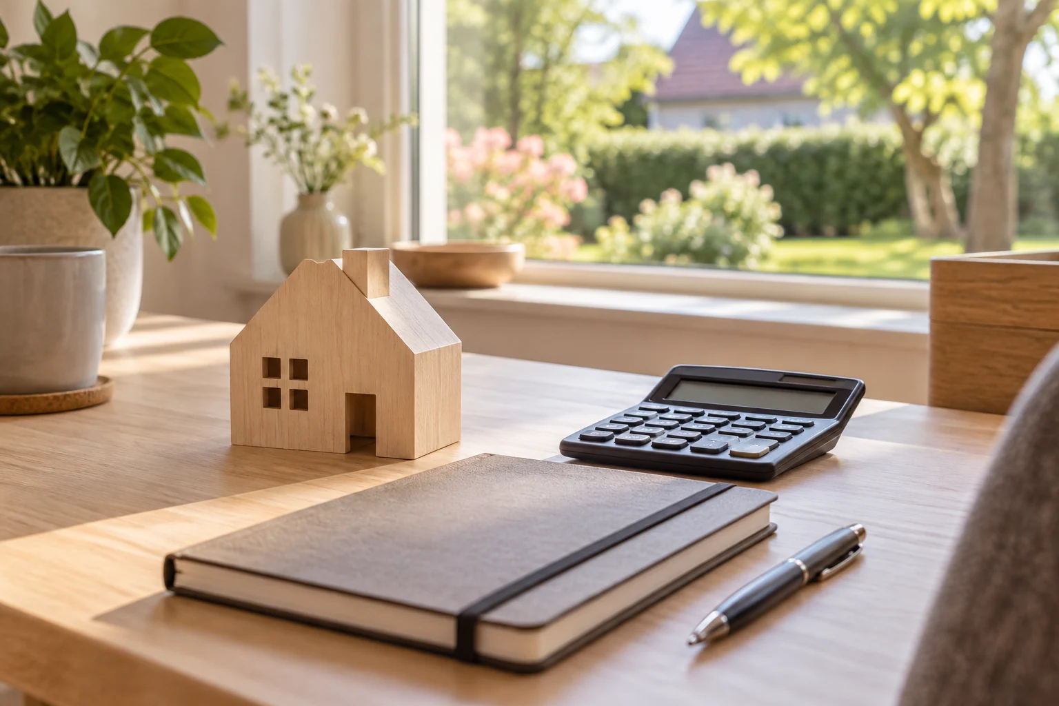 Schlichter Hauskörper, Taschenrechner und Notizbuch zur Planung eines Immobilienverkaufs